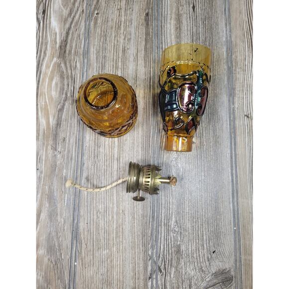 Vintage Miniature Oil Lamp, Amber Faux Stained Glass Hong Kong - Picture 6 of 6